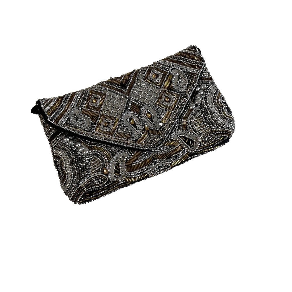Atmosphere Beaded Shoulder Bag Clutch Black Gold Silver One Size Flap Zip Chain